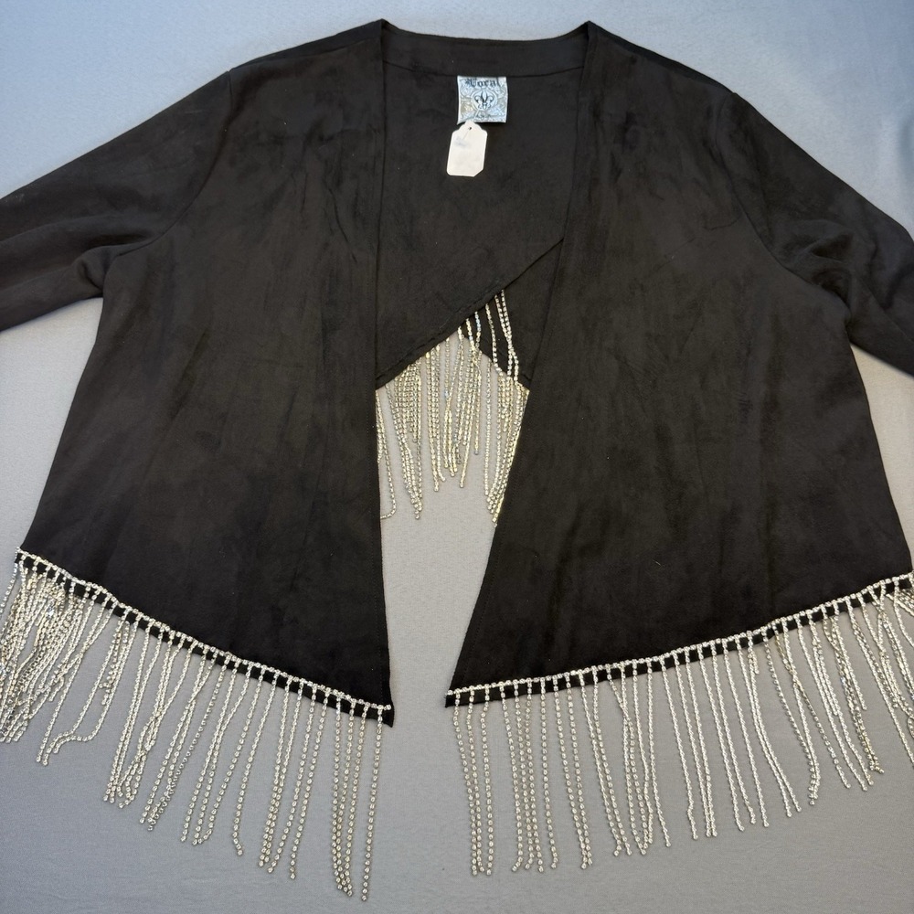 NEW Vocal Black Suede Crop Rhinestone Fringe Jacket Size Medium Long Sleeve NWT!